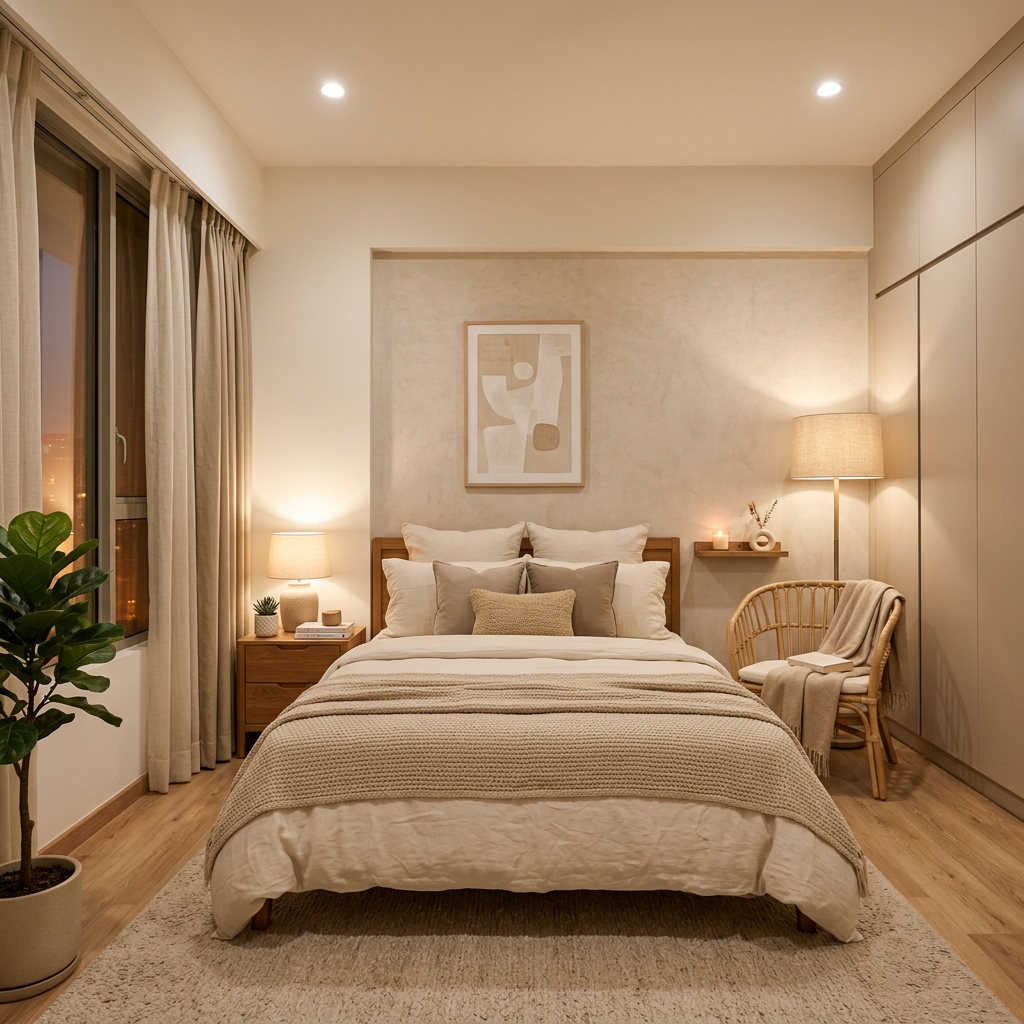 Representative 1BHK bedroom styling with neat layout and warm lighting