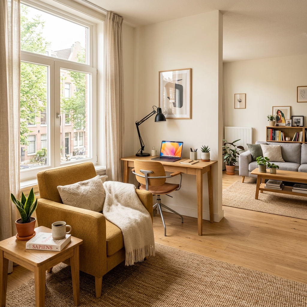 Representative 1BHK living area displaying comfortable sofa and workspace corner