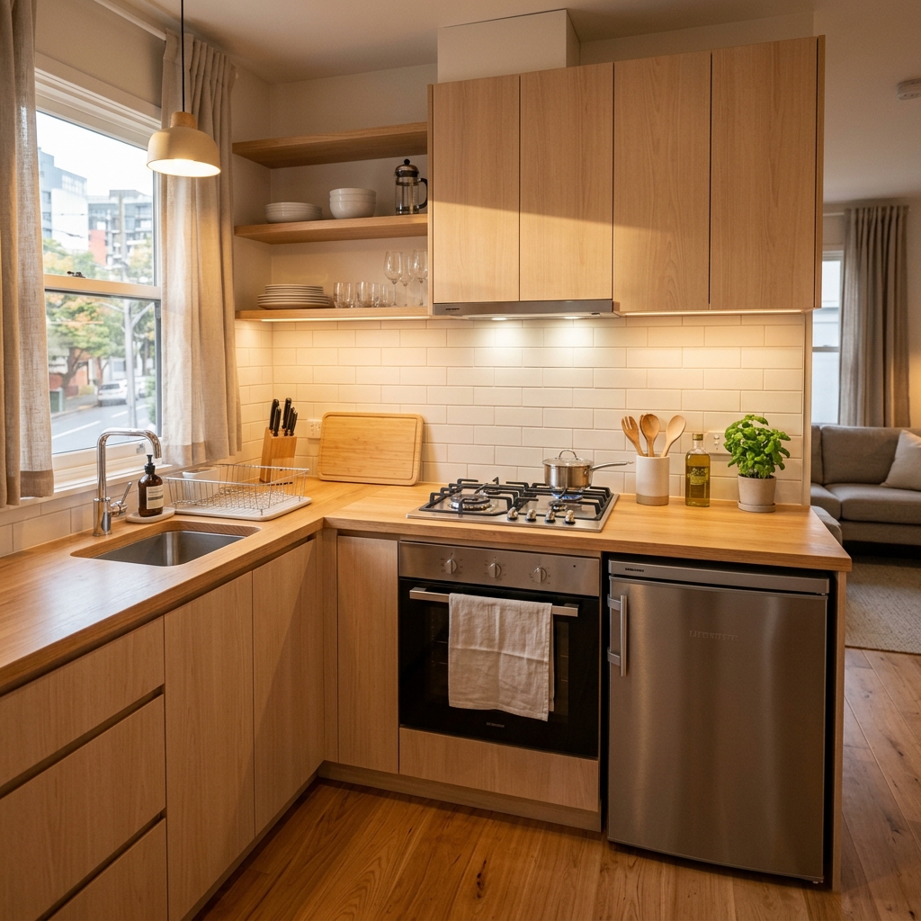 Representative modern kitchen equipped with gas stove and refrigerator options