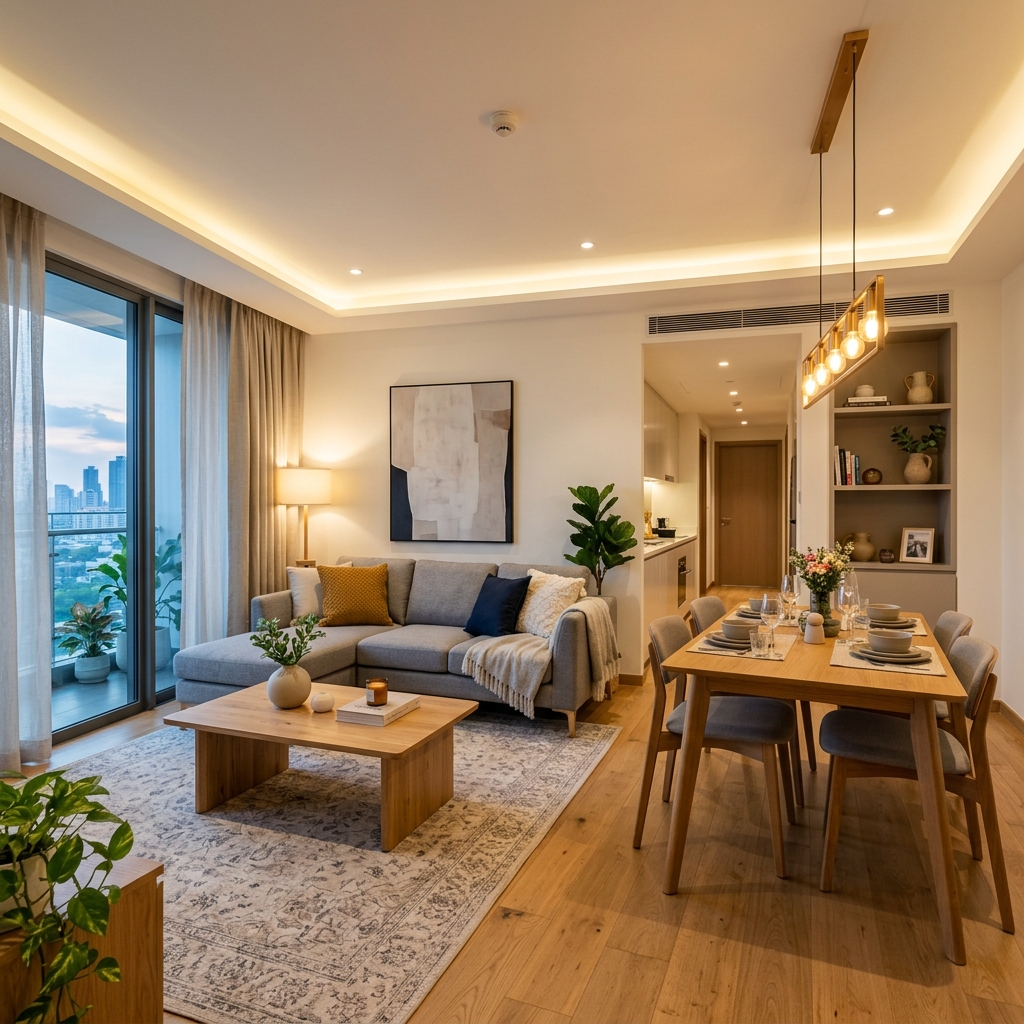 Representative semi-furnished 2BHK room layout showing clean walls and fittings